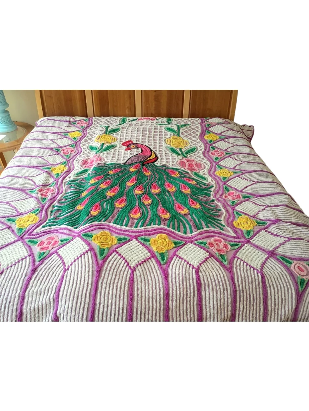 Vintage Chenille Peacock Bedspread Purple 98
